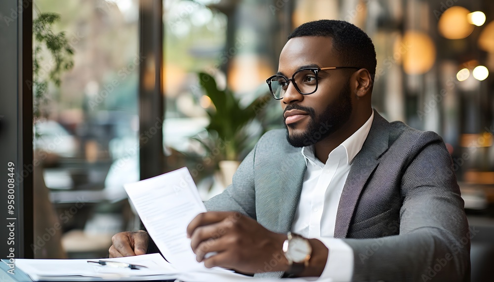 Thoughtful Businessman in Suit Reviews Documents at a Cafe Thoughtful Businessman in Suit Reviews Documents at a Cafe