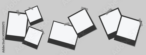 Polaroid photo black frame mockup set. Isolated background. Vector design illustration.