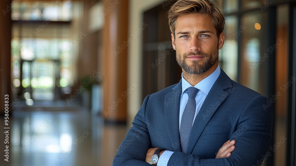 Fototapeta premium Business professional in a tailored suit poses confidently in a modern office lobby during the afternoon