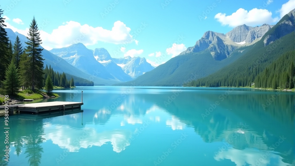 Fototapeta premium The blue lake is burned in the background, which are reflected in the water