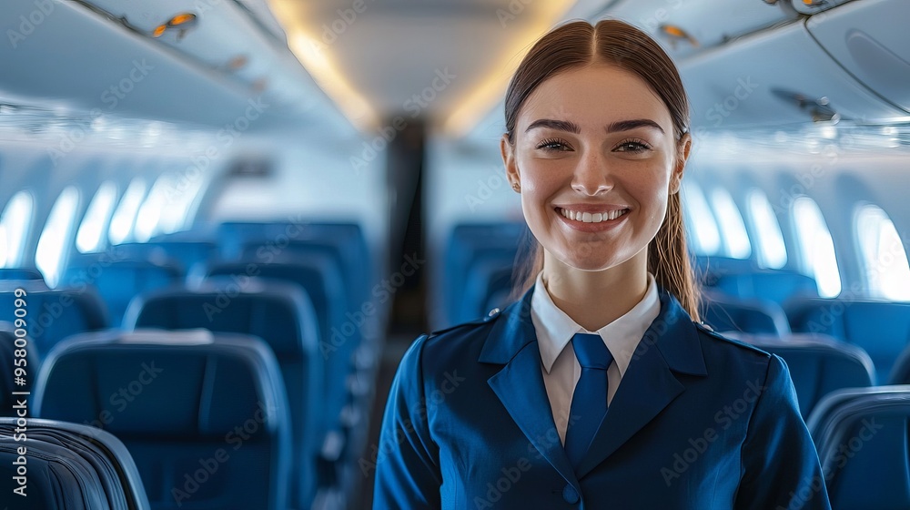 Friendly Cabin Crew Member in Blue Uniform Standing in Empty Plane Friendly Cabin Crew Member in Blue Uniform Standing in Empty Plane