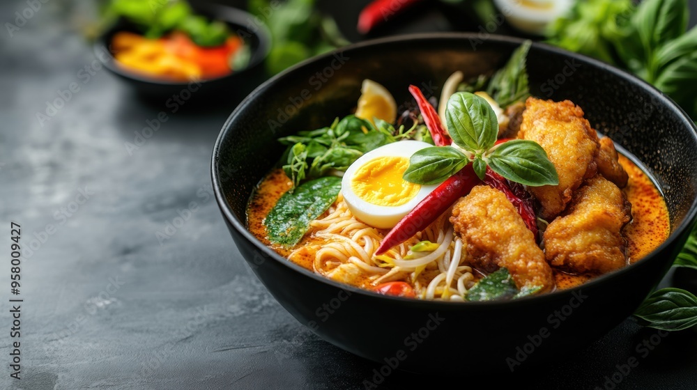 Spicy Asian Noodle Soup with Chicken and Vegetables in Black Bowl Spicy Asian Noodle Soup with Chicken and Vegetables in Black Bowl