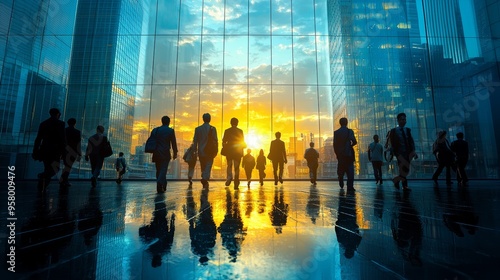 Professionals walking toward sunset view in modern city office building reflecting city skyline and golden light at dusk