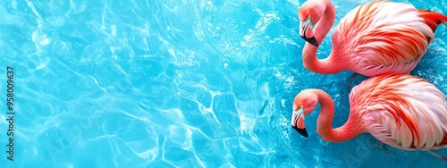  Two flamingos in a pool, beaks intertwined They appear to swim as one, heads tucked into each other's