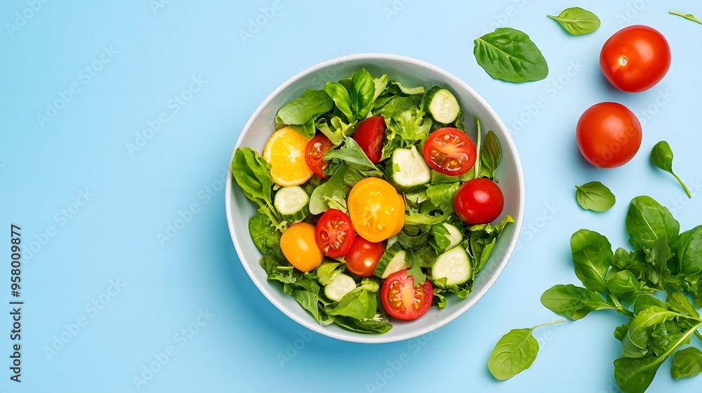 Flat lay food photography of a vibrant salad with an assortment of fresh ingredients, arranged neatly on a bright surface and shot from directly above Flat lay food photography of a vibrant salad with an assortment of fresh ingredients, arranged neatly on a bright surface and shot from directly above
