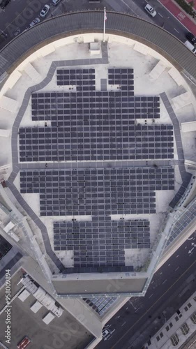 Vertical Drone Shot, Solar Panels on San Francisco Symphony Building, California USA photo