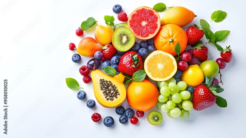 Flat lay food photography of a vibrant fruit platter arranged on a bright, neutral surface, capturing the colors and shapes of the fruit from above Flat lay food photography of a vibrant fruit platter arranged on a bright, neutral surface, capturing the colors and shapes of the fruit from above