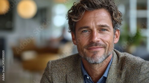 A smiling man with curly hair and a beard sits comfortably in a modern café during the day, enjoying the warm atmosphere and ambiance