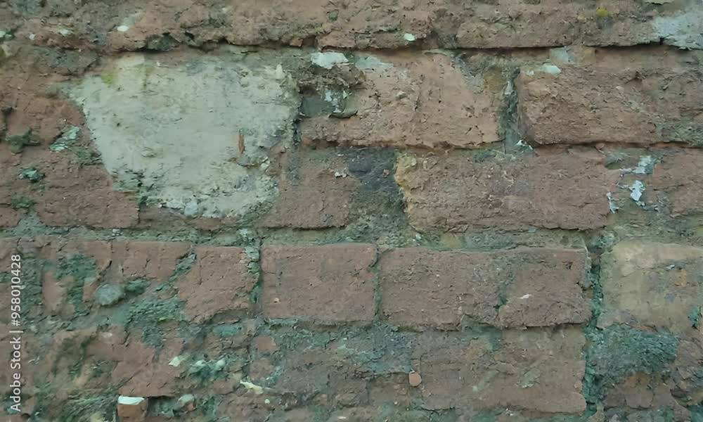 Weathered Brick Wall Texture with Green Moss and Flaking Paint Weathered Brick Wall Texture with Green Moss and Flaking Paint