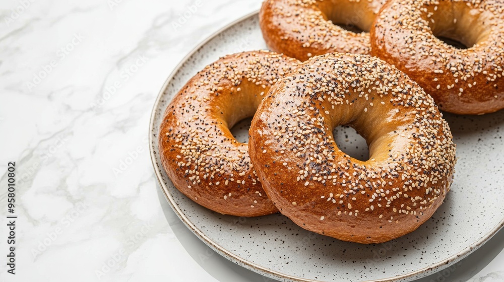 Freshly baked bagel with Sesame seed isolated on white background,Everything bagels topped with cream cheese,New York style bagels for breakfast,Homemade freshly baked bagels,space for text. Freshly baked bagel with Sesame seed isolated on white background,Everything bagels topped with cream cheese,New York style bagels for breakfast,Homemade freshly baked bagels,space for text.