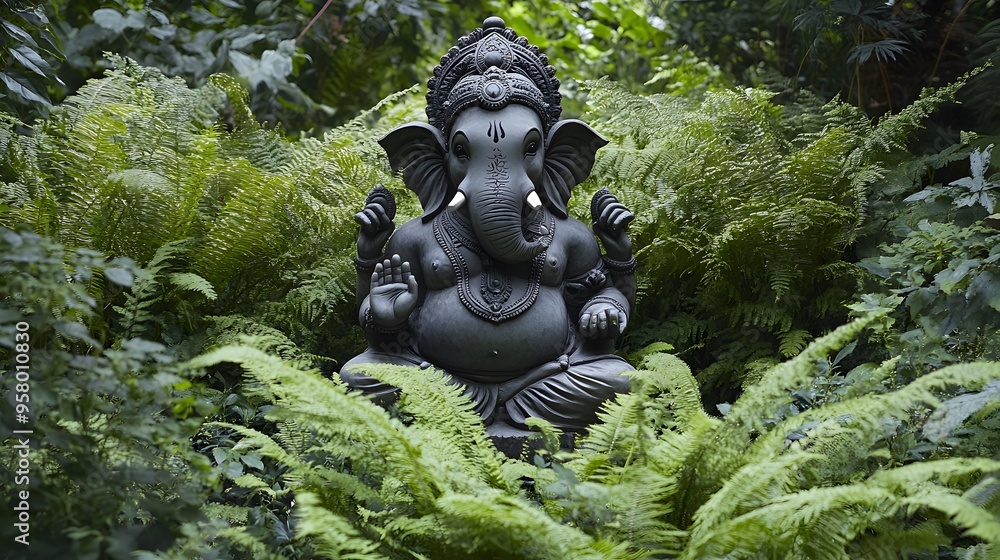 Obraz premium A cool, lifelike Ganesha statue partially hidden by ferns and bushes in a tranquil forest setting