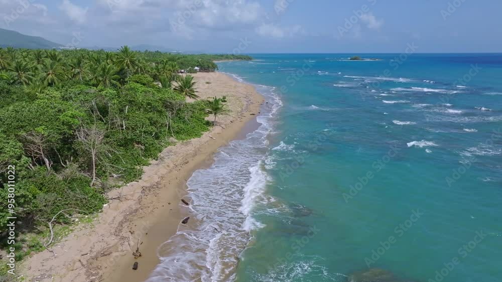 Fixed drone shot of Playa Bergatín on a sunny day, showcasing the gentle waves breaking on the beach and the tropical vegetation surrounding the coast Fixed drone shot of Playa Bergatín on a sunny day, showcasing the gentle waves breaking on the beach and the tropical vegetation surrounding the coast