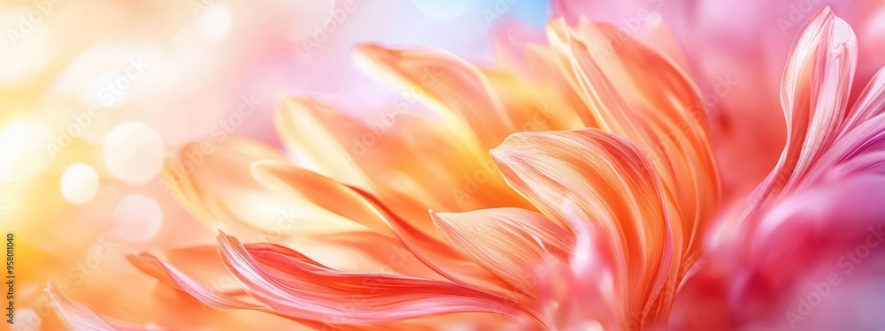 A tight shot of a pink bloom against a hazy backdrop of yellow, pink, and red blossoms A tight shot of a pink bloom against a hazy backdrop of yellow, pink, and red blossoms
