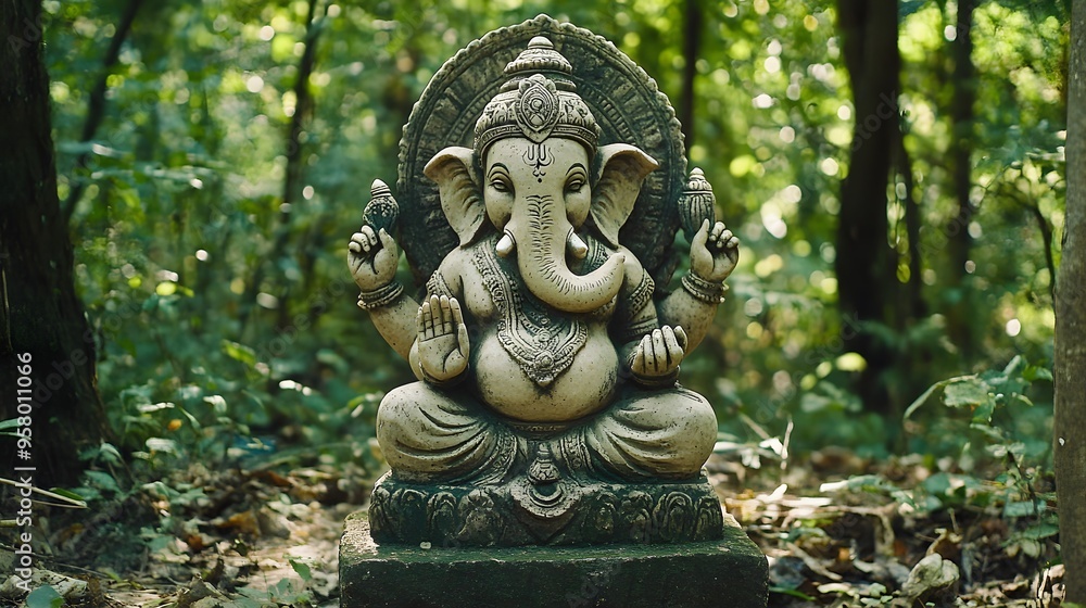 Fototapeta premium A cool Ganesha statue carved from stone, blending harmoniously with the natural beauty of the forest