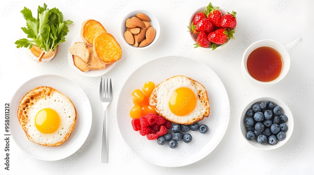 Flat lay food photography of a breakfast spread with a variety of items neatly organized on a clean surface, shot from directly above for an organized and appetizing view Flat lay food photography of a breakfast spread with a variety of items neatly organized on a clean surface, shot from directly above for an organized and appetizing view
