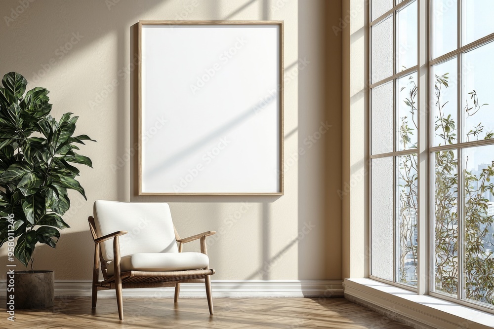 Fototapeta premium Poster Frame in Beige minimalist living room interior created with generative AI