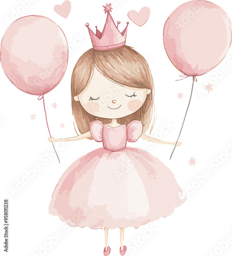 Little Princess With Balloons Watercolor Vector Illustration.