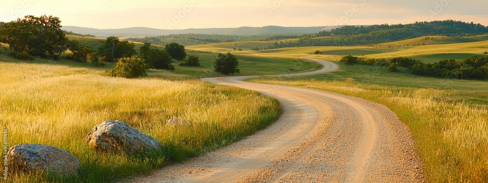 A dirt path through a field, flanked by grass and trees on each side A sizable rock lies beyond the road's edge A dirt path through a field, flanked by grass and trees on each side A sizable rock lies beyond the road's edge