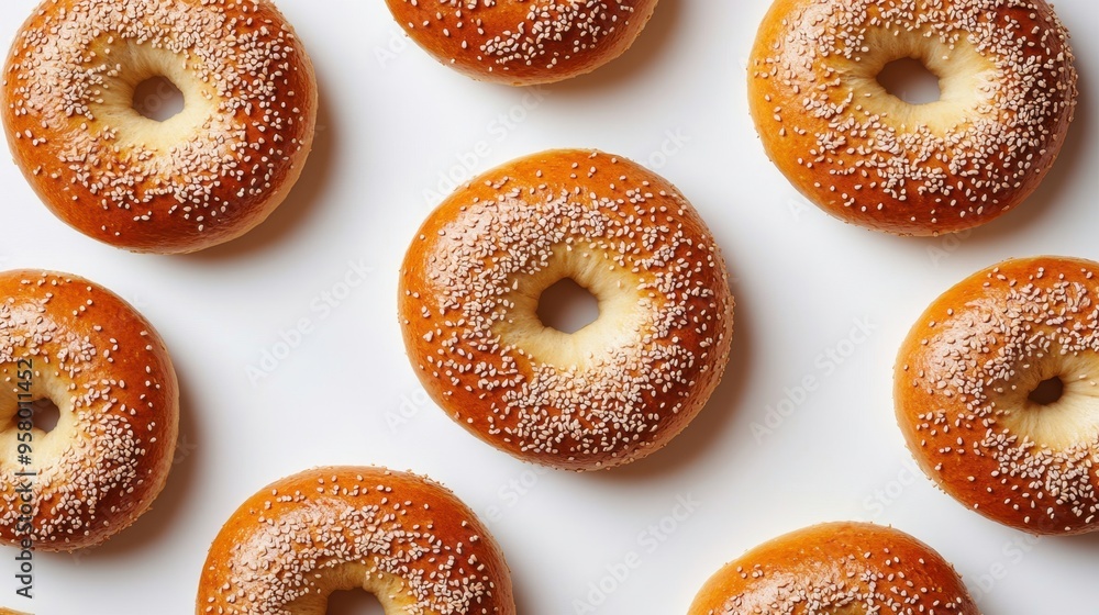 Freshly baked bagel with Sesame seed isolated on white background,Everything bagels topped with cream cheese,New York style bagels for breakfast,Homemade freshly plain,onion bagels,space for text. Freshly baked bagel with Sesame seed isolated on white background,Everything bagels topped with cream cheese,New York style bagels for breakfast,Homemade freshly plain,onion bagels,space for text.