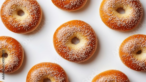 Freshly baked bagel with Sesame seed isolated on white background,Everything bagels topped with cream cheese,New York style bagels for breakfast,Homemade freshly plain,onion bagels,space for text.