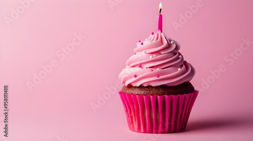 Wallpaper Mural Single Pink Frosted Cupcake with Candle. Torontodigital.ca
