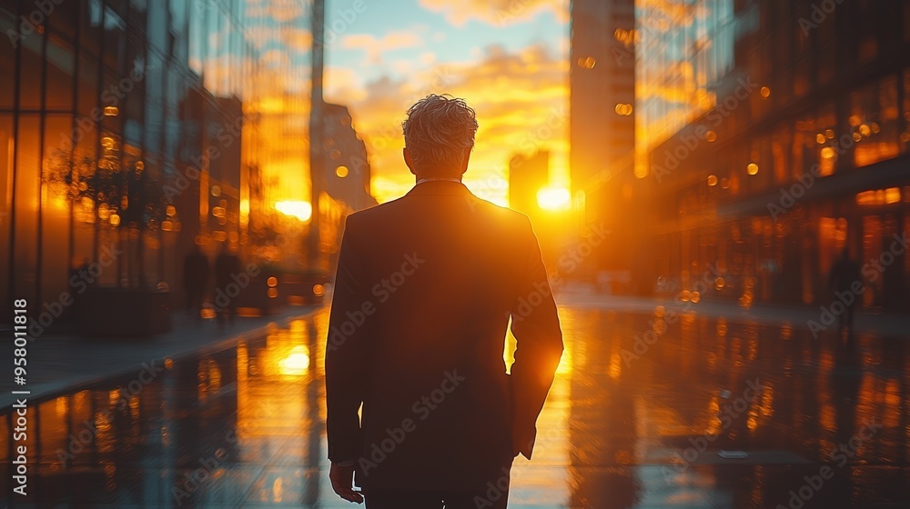 A businessman walks away reflecting on a vibrant sunset amid city skyscrapers, enjoying an evening stroll down a tranquil urban street A businessman walks away reflecting on a vibrant sunset amid city skyscrapers, enjoying an evening stroll down a tranquil urban street