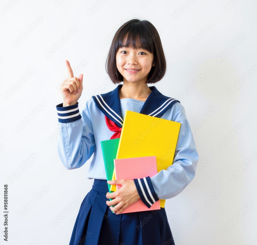 Cheerful Japanese School Girl Pointing Upwards with Colorful Books Cheerful Japanese School Girl Pointing Upwards with Colorful Books