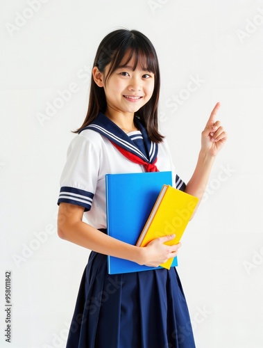 Cheerful Japanese School Girl Pointing Upwards with Colorful Books