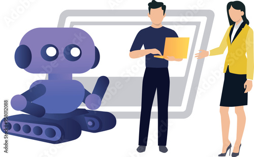 A boy and girl instructing a robot.