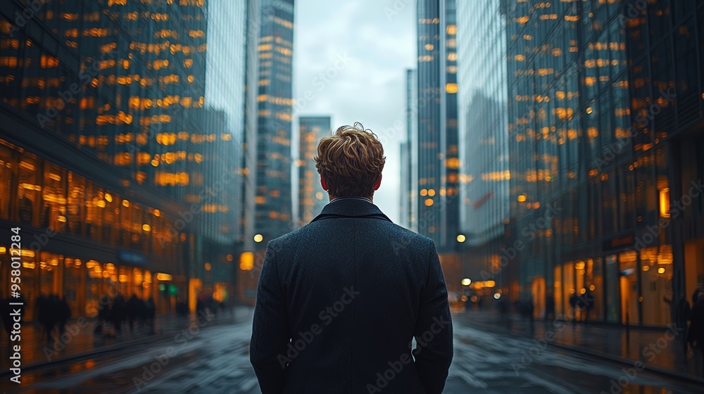 Fototapeta premium A solitary figure stands in a rainy urban street, surrounded by towering skyscrapers during twilight hours in a bustling city