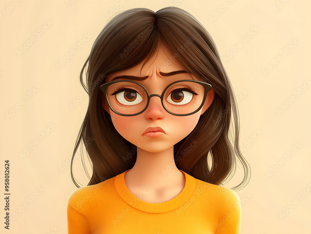 Sad stressed upset cartoon character young girl Sad stressed upset cartoon character young girl