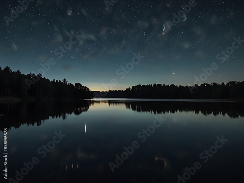 a lake with a star above it and a star that is on the sky