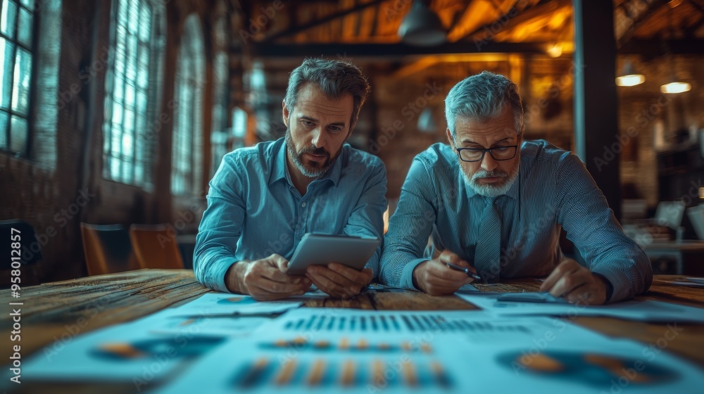 Two professionals analyze business charts and data during a strategic meeting in a rustic office setting in the late afternoon Two professionals analyze business charts and data during a strategic meeting in a rustic office setting in the late afternoon