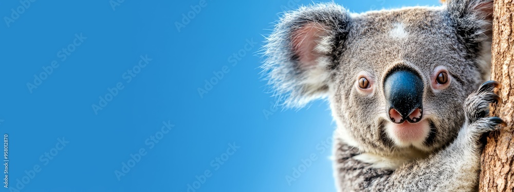 Obraz premium A close-up of a koala in a tree against a blue sky background