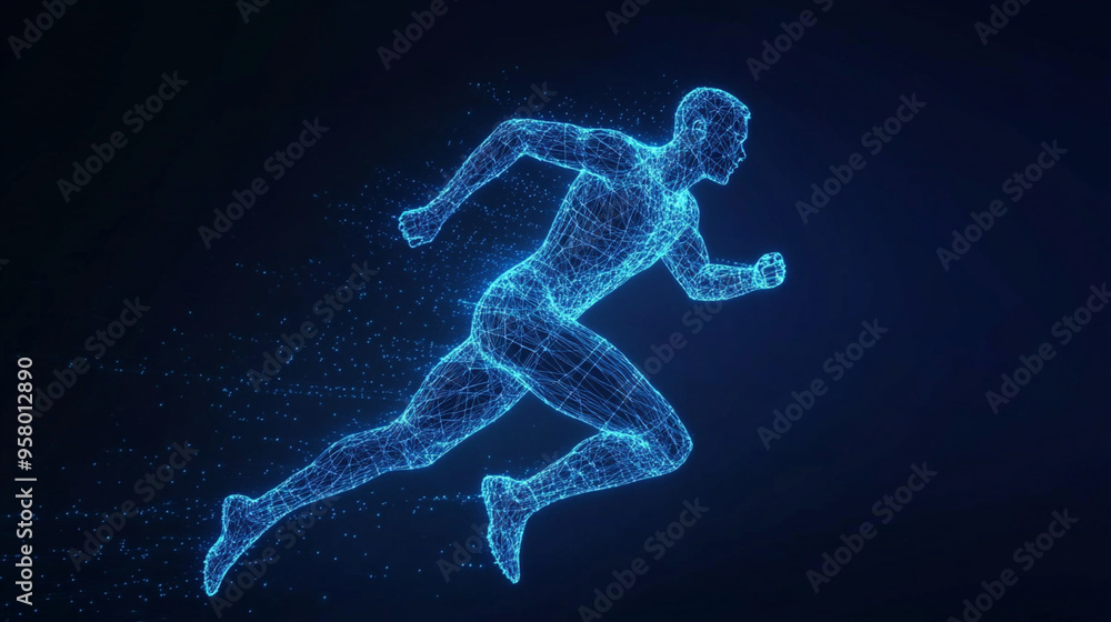 wireframe of man running in the dark, athlete hologram wireframe of man running in the dark, athlete hologram