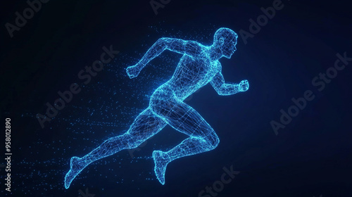 wireframe of man running in the dark, athlete hologram