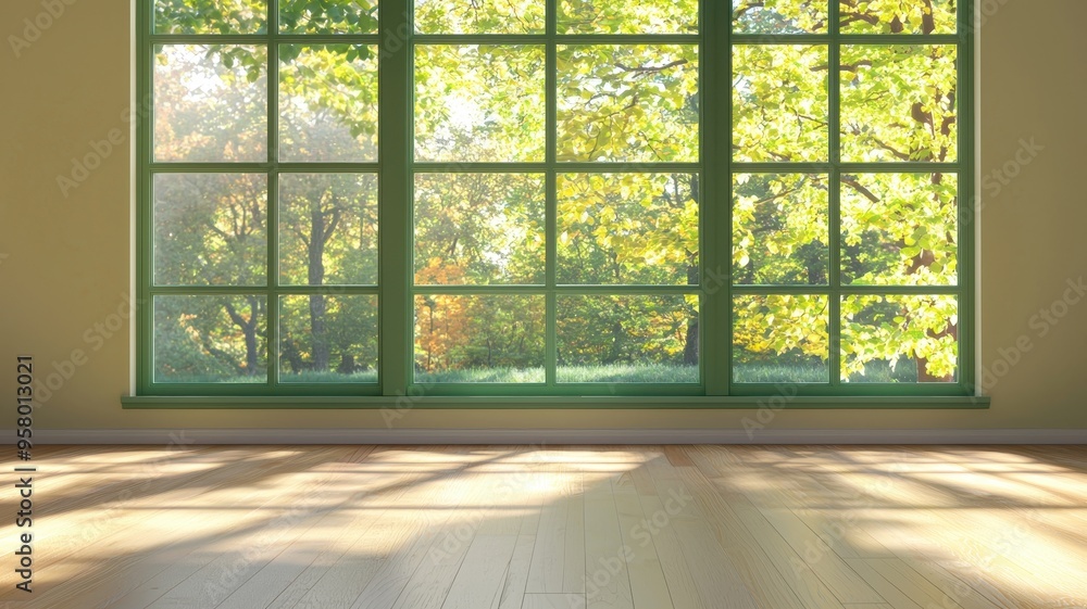 Bright and spacious interior with large window showcasing vibrant greenery and sunlight filtering in, perfect for serene ambiance. Bright and spacious interior with large window showcasing vibrant greenery and sunlight filtering in, perfect for serene ambiance.