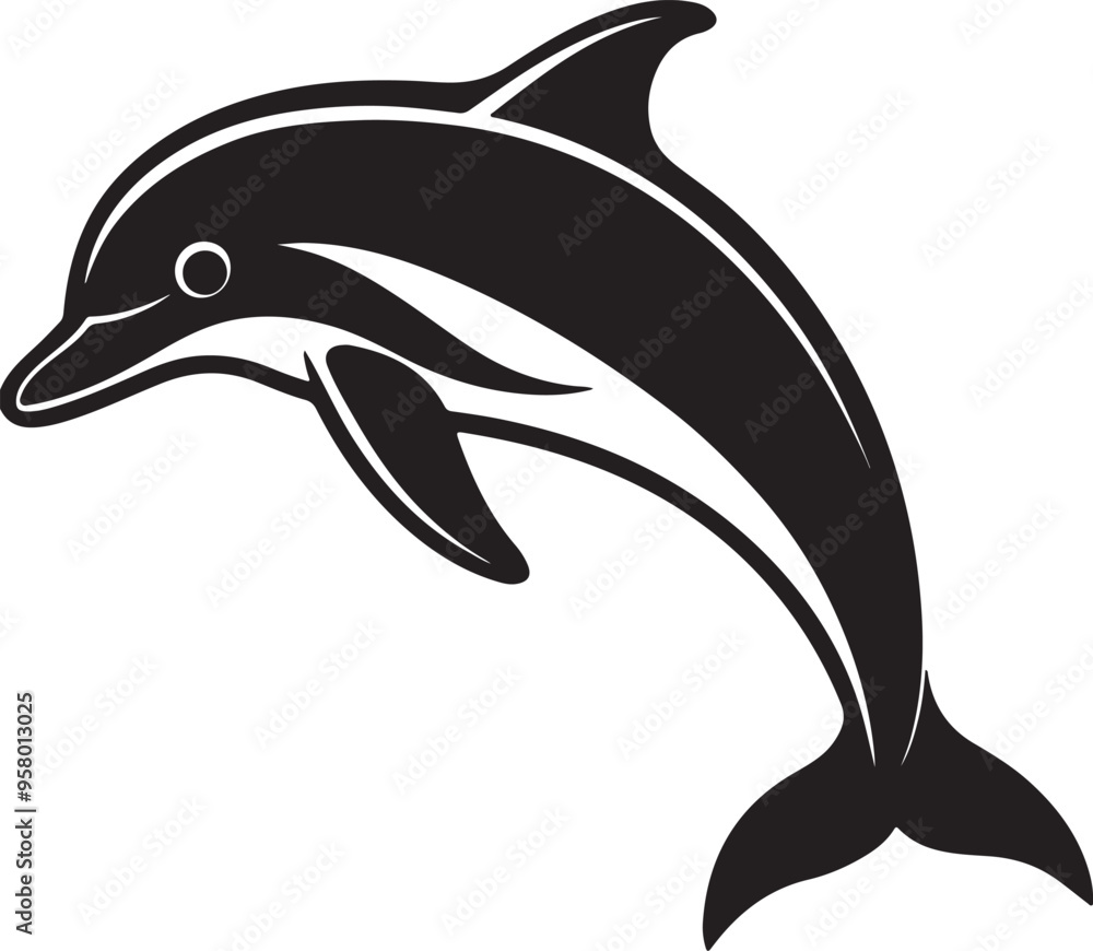Fototapeta premium Vector illustration of a dolphin silhouette leaping joyfully, showcasing its streamlined form and dynamic movement