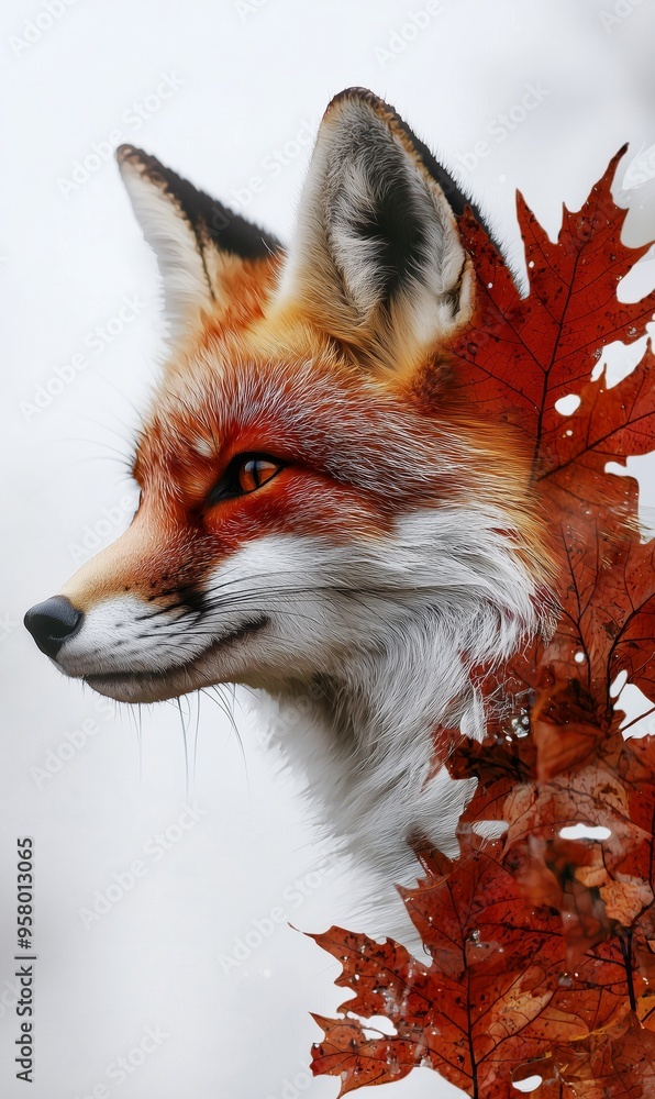 Fototapeta premium A side profile of a fox, creatively combined with autumn leaves through a double exposure effect, representing wildlife and the beauty of nature.