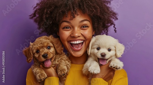 Woman sells puppies with joy, playing with favorites.
