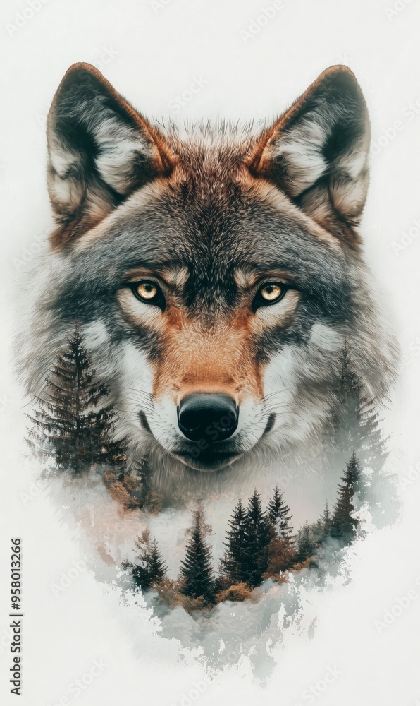A wolf portrait creatively blended with a forest scene through double exposure, symbolizing wilderness, strength, and the wild. A wolf portrait creatively blended with a forest scene through double exposure, symbolizing wilderness, strength, and the wild.