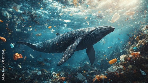 A whale swims through a polluted ocean filled with plastic waste, highlighting the environmental crisis and marine conservation issues.