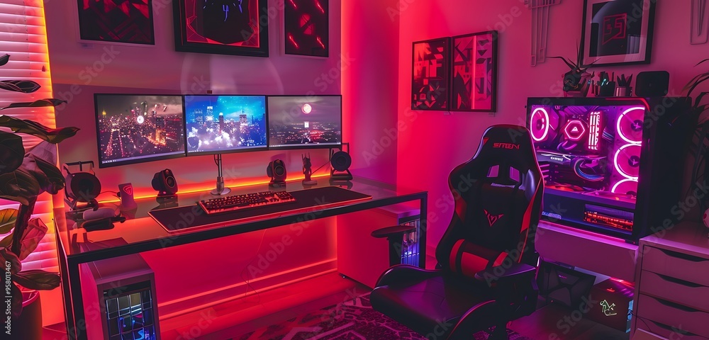Elegant gaming room with ruby red RGB lights, sleek glass desk, neon keyboard Elegant gaming room with ruby red RGB lights, sleek glass desk, neon keyboard