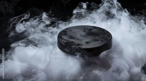 A black background with a white plate with steam coming out of it photo