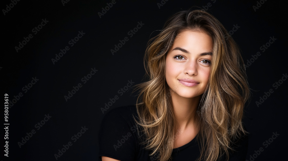 Portrait of a young woman with long, wavy hair, smiling gently at the camera, against a dark background. She is wearing a black top. Portrait of a young woman with long, wavy hair, smiling gently at the camera, against a dark background. She is wearing a black top.