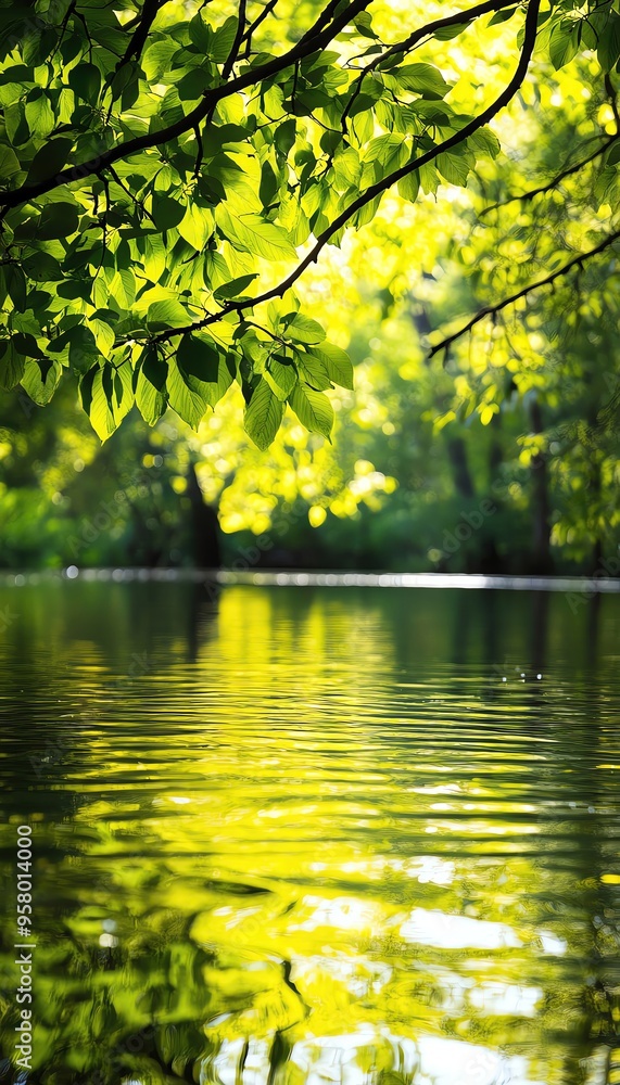 Fototapeta premium A serene view of shimmering water surrounded by lush green foliage, capturing the essence of tranquility and nature's beauty.