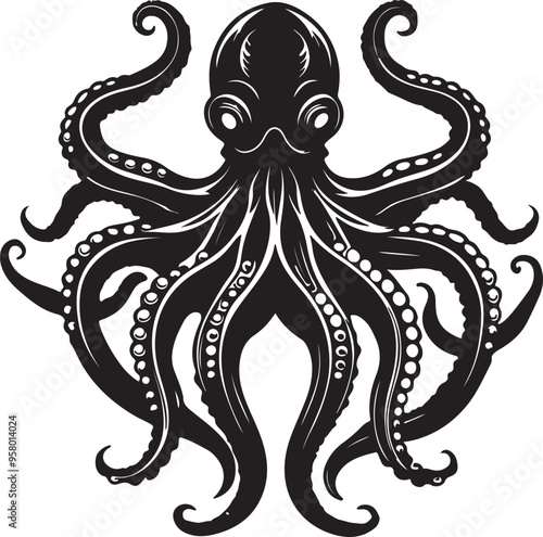 Vector art silhouette of an octopus, highlighting its distinctive form and flowing tentacles in a minimalist design