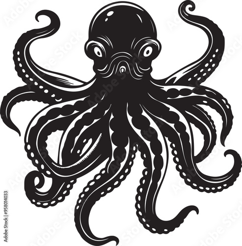 Vector art silhouette of an octopus, highlighting its distinctive form and flowing tentacles in a minimalist design