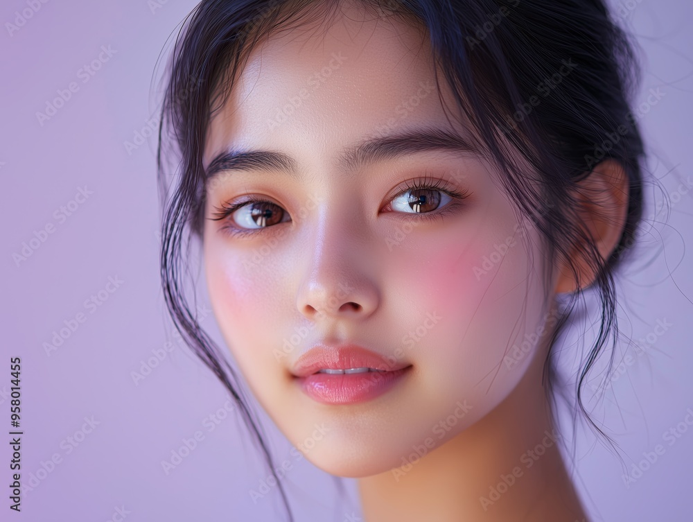 A close-up portrait of a young woman with flawless skin, soft natural makeup, and gentle expression on a light lavender background. A close-up portrait of a young woman with flawless skin, soft natural makeup, and gentle expression on a light lavender background.