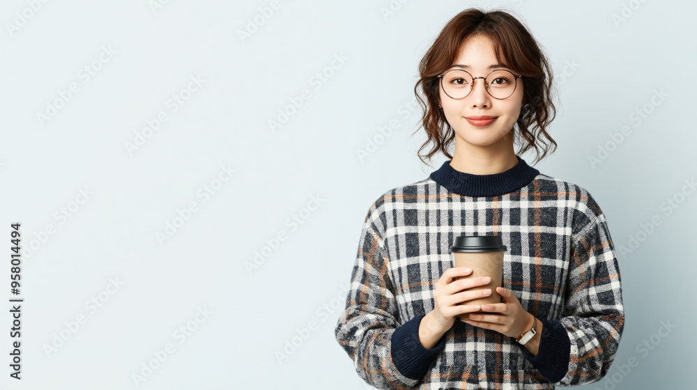 A young woman wearing glasses and a plaid sweater holds a takeaway coffee cup, standing against a plain light background. A young woman wearing glasses and a plaid sweater holds a takeaway coffee cup, standing against a plain light background.